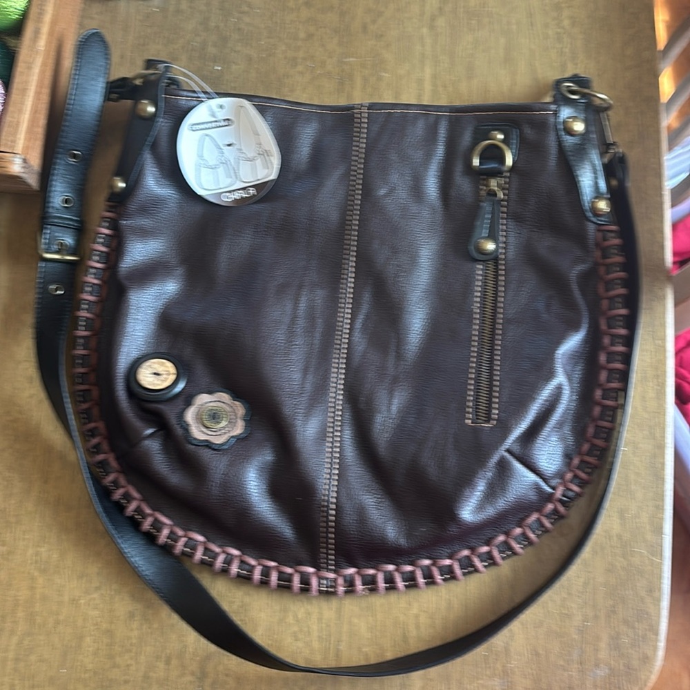 CHALA Hobo Purse. Chocolate brown with button/flower detail. Convertible strap.